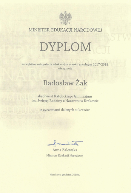 dyplom z ministerstwa Radek